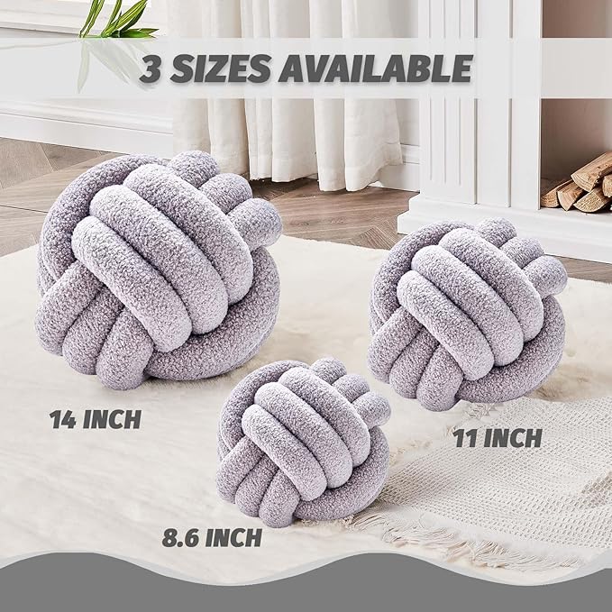 Uvvyui Knot Pillow Ball, Soft Home Decorative Round Throw Pillow, Handmade Knotted Plush Pillow, Round Boucle Pillow Cushion (8.6 Inches Light Grey)