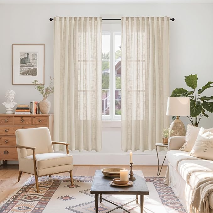 YoungsTex Oatmeal Linen Semi Sheer Curtains 72 Inches Long for Living Room, Light Filtering Window Drapes Natural Textured with Rod Pocket Back Tab for Dining Bedroom, 2 Panels, 52 X 72 Inch