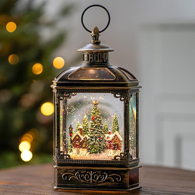 Christmas Village Snow Globe Lantern Musical Lighted Village House Water Lantern in Swirling Glitter, Christmas Home Decoration and Gift, Battery Operated or USB Powered