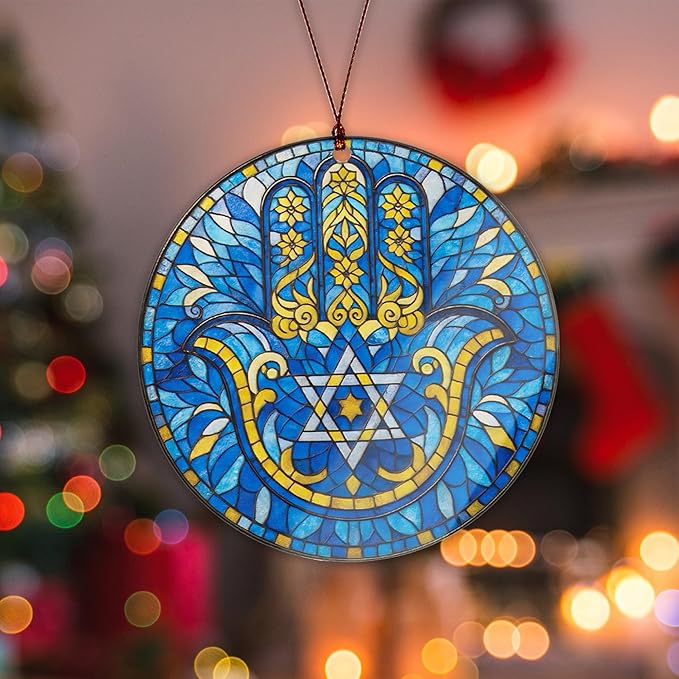 Hanukkah Ornaments Window Decorations with Hamsa Hand Design, Fatima Home Decor Ornament for Spiritual Good Luck, Housewarming Gifts for Mom Dad Friends, Jewish Holiday Decor, Hanukkah Gifts