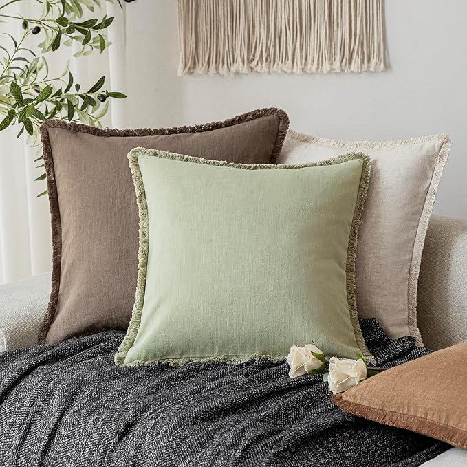 Foindtower Set of 2 Decorative Linen Fringe Throw Pillow Covers Cozy Boho Farmhouse Cushion Cover with Tassels Accent Pillowcase for Couch Sofa Bed Living Room Home Decor,26×26 Inch,Light Sage Green