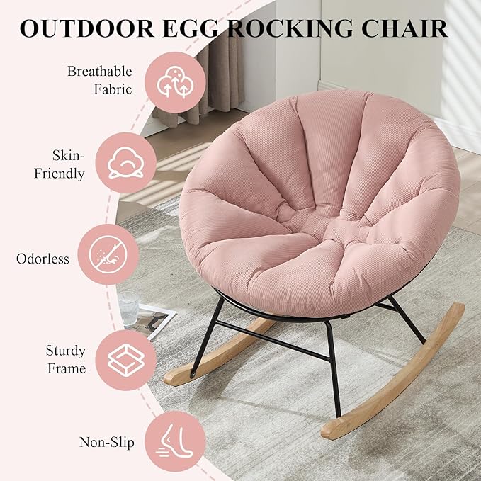 NIOIIKIT Nursery Saucer Rocking Chair, Corduroy Upholstered Round Glider Chair, Nursing Chair with Comfy Cushion, Tufted Papasan Chair, Cozy Reading Chair for Living Room, Bedroom (Pink)