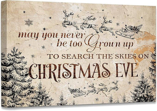 WODMIS Christmas Wall Decor,Farmhouse Christmas Decor,Christmas Signs Framed Canvas Wall Art,Christmas Eve Canvas Wall Art Home Decorations,May You Never Be Too Grown Up To Search 16x24