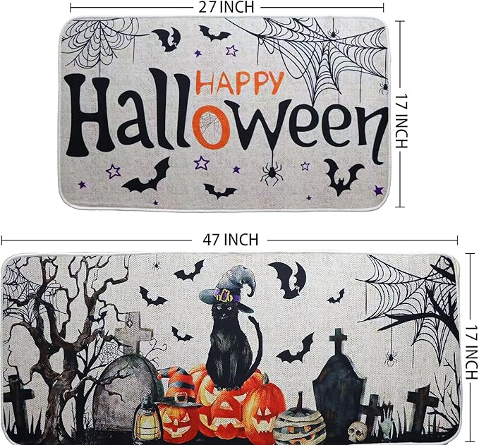 Halloween Kitchen Mats Set of 2, Halloween Decor Black Cat Pumpkin Rugs, Non-Slip Washable Kitchen Mats for Floor Kitchen Bathroom, Halloween Decorations for Home,17"x27+17"x47" 