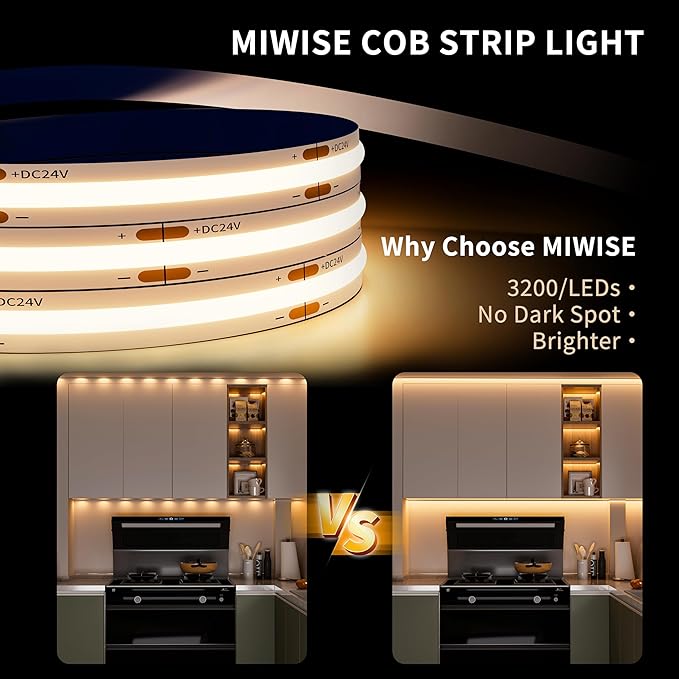 MIWISE COB LED Strip Light 32.8ft/10m,CRI 90+ Warm White 2700K High Lumen Dimmable Super Bright Flexible DC24V LED Tape Light with Controller/Dimmer,for Cabinet Home Office DIY Lighting Projects