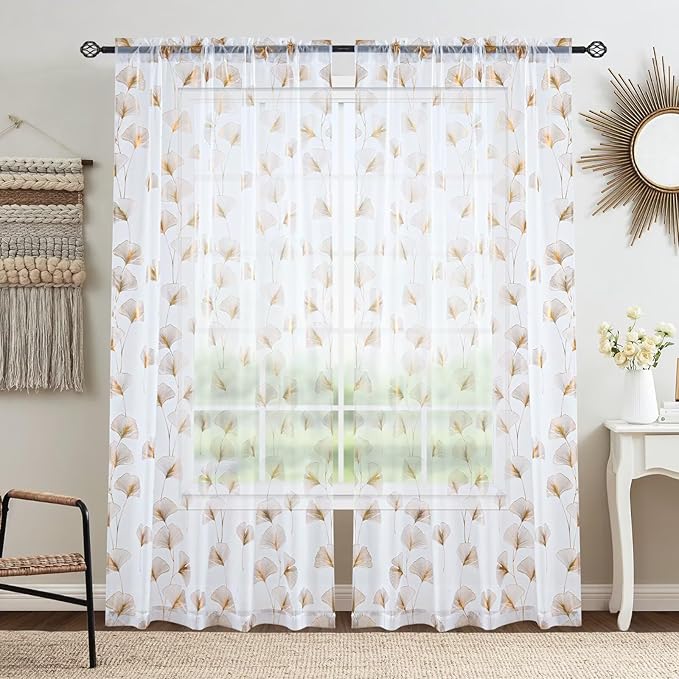 Gold Foil Print Sheer Curtains 84 inches Long, 2 Panels Ginkgo Bronzing Treatment Sheer Curtain, Rod Pocket Window Treatment Panels for Bedroom Living Room