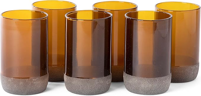 IWAS Upcycled Tall Auburn Drinking Glasses | 350 ML | 12 OZ | Set of 6 | Sustainable Water and Juice Glass For Home | Light Brown Cup | Thick High Ball Modern Amber Glassware | Better Than Recycled