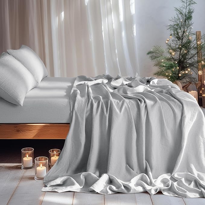 LBRO2M 100% Linen Sheet Set King Size,Bed Sheets 4 Piece Sets, Solid Color Natural Flax Bed Sheets Soft Breathable Bedding,16" Deep Pocket,All Season (King, Grey)