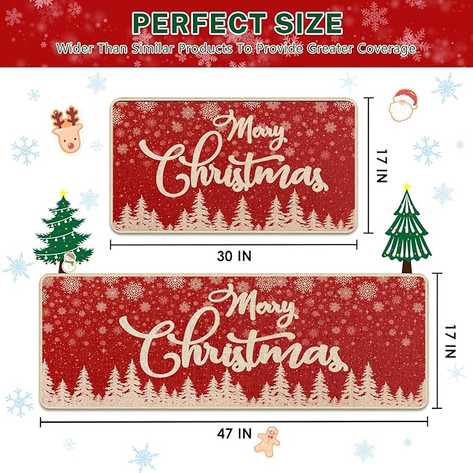 Christmas Snowflake Tree Kitchen Rugs and Mats Non Skid Washable Set of 2, Xmas Kitchen Mats for Floor Decor