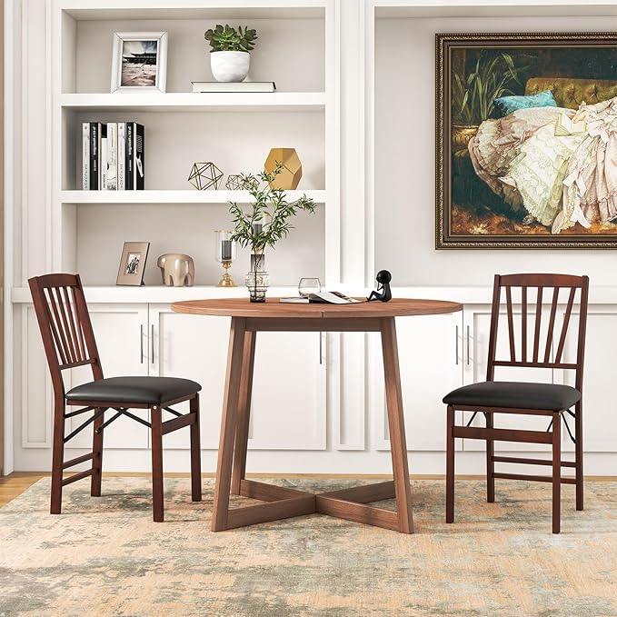 COSTWAY Folding Dining Chairs Set of 4, Upholstered Wooden Dining Room Chairs with PVC Padded Seat, Solid Wood Frame and 400LBS Capacity for Kitchen Apartment (Black & Brown)