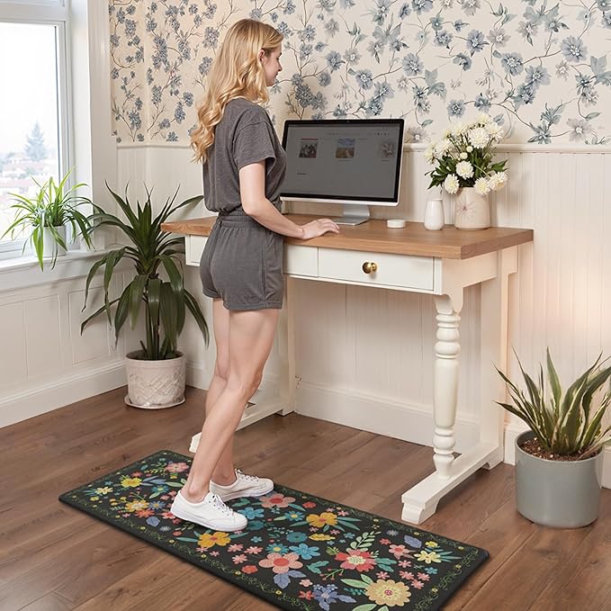 GENIMO Kitchen Mats for Floor 2PCS, Cushioned Kitchen Rugs Non Slip Washable, Farmhouse Anti Fatigue Mat Waterproof, Comfort Standing Mat Rug for Office, Home, Laundry, Sink, 20"x48"+20"x32", Black