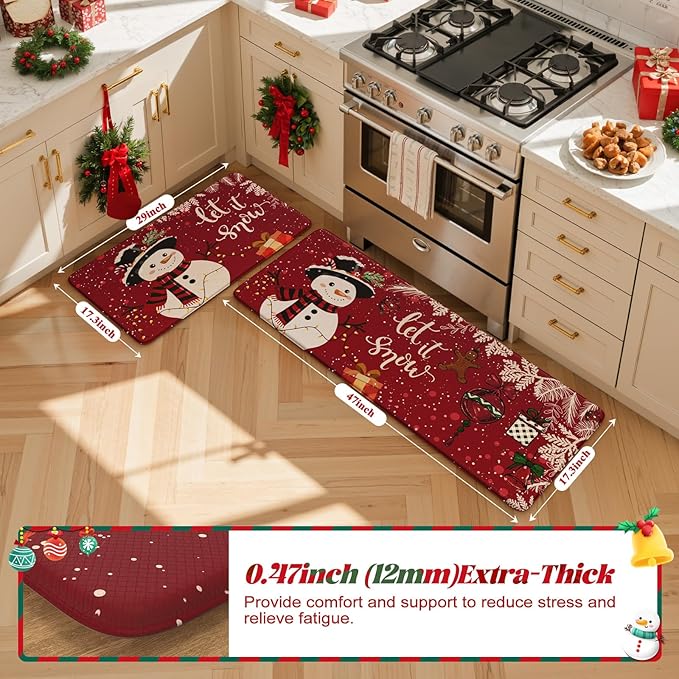 Christmas Snowman Anti Fatigue Mats for Kitchen Floor, Red Winter Xmas Tree Cushioned Kitchen Rugs Sets of 2, Waterproof Non Slip Sink Rug Comfort Standing Mat for Holiday Decor 17x30+17x47 inch