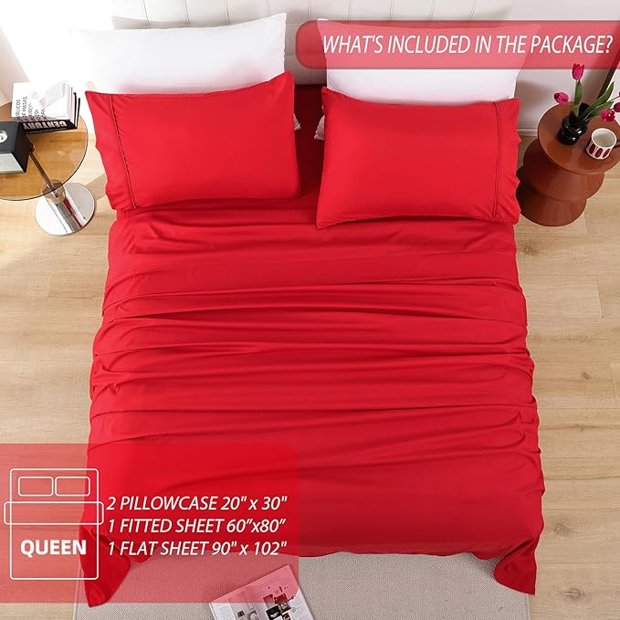 Whitney Home Textile Queen Sheet Set, Soft Microfiber Hotel Bed Sheets Queen Size, Extra Deep Pocket, Luxury Breathable Bedding Sheet & Pillowcase Sets, 4 Piece Wrinkle Free Oeko-Tex, Red