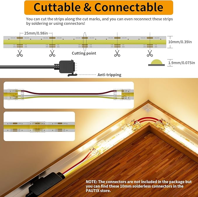 PAUTIX COB LED Strip Light White CCT Tunable 6400LEDs,CRI90+ 32.8ft/10m Dimmable 2700K-6500K 24V LED Tape Light,for Under Cabinet Bedroom Kitchen TV Mirror DIY Lighting(Adapter & Dimmer NOT Included)