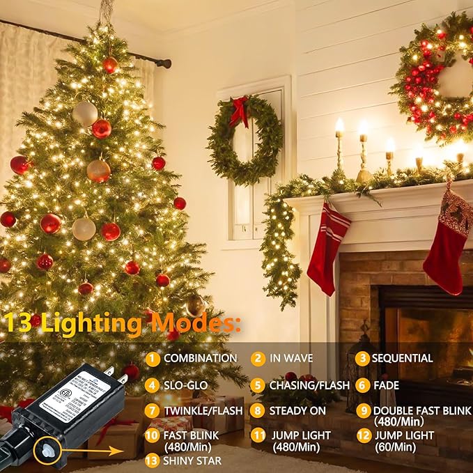 Extra-Long 800 LED Christmas String Lights Outdoor Indoor, 13 Modes Warm White Christmas Lights Waterproof, Super Bright Twinkle Fairy Lights Plug in Clear Wire for Xmas Tree Bedroom Wedding Party