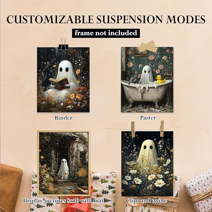 DOFQZ Ghost Halloween Bathroom Wall Art Prints Set of 4, Halloween Bathroom Decor, Dark Academia Cottagecore Floral Spooky Ghost Posters for Bath Room Washroom Decor, 8x10 Unframed