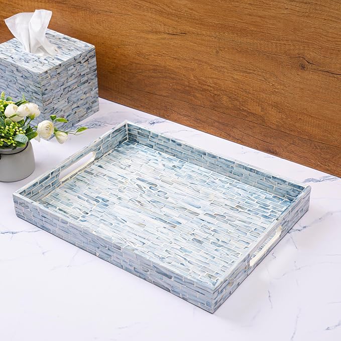 CLAYNIX Serving Tray 12.5 Inch, Wooden Lacquer Tray with Mother of Pearl Inlay, Elegant Tea & Breakfast Tray with Handles (Rectangle)