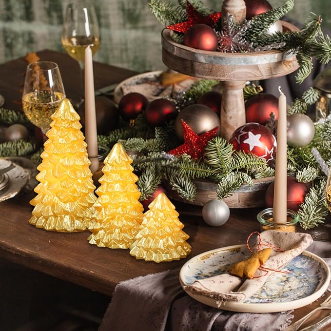 Christmas Flameless Candles Gold Christmas Tree Tabletop Flickering LED Warm Light Battery Operated Candle with Remote Lighted Xmas Tree Figurines for Fireplace Home Decor Indoor Holiday Gifts