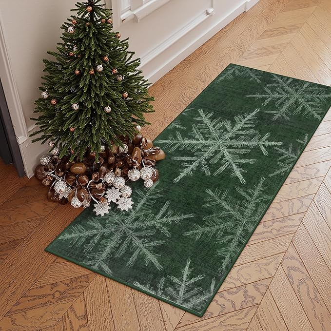 Lahome Snowflake Christmas Area Rug, 2x4 Washable Christmas Kitchen Rugs for Entryway Soft Doormat Indoor, Small Green Rug Non-Slip Holiday Decor Entryway Rugs for Bathroom Bedroom(2x4ft,Green)