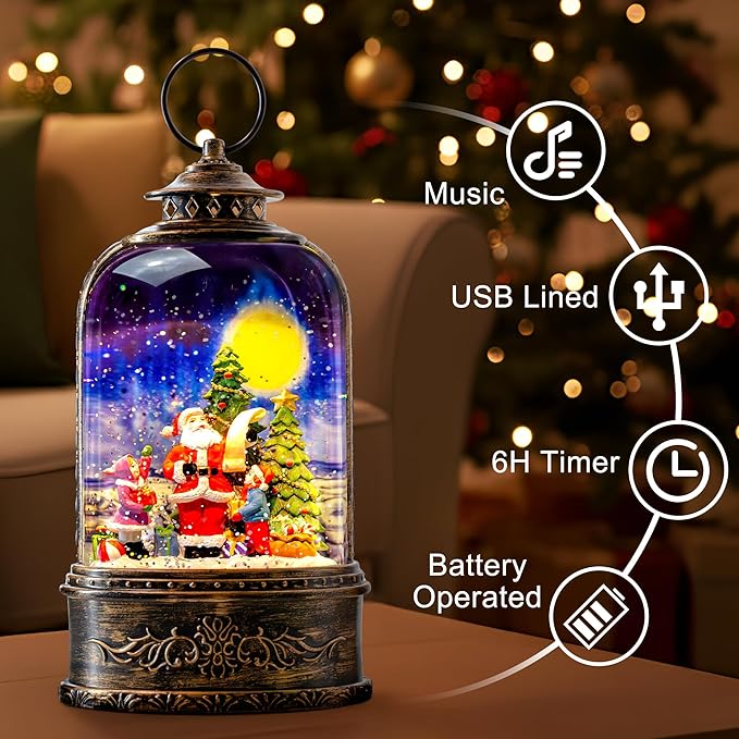10.3" Christmas Snow Globe Water Lantern with Santa's List Scene Battery Operated or USB Powered Musical Lighted Holiday Decoration for Tabletop Display for Family and Friends