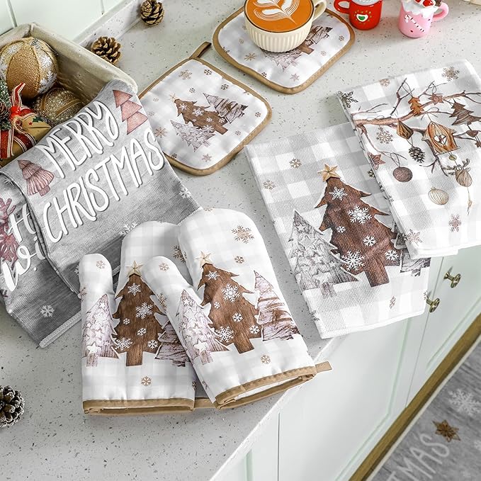 10 Pcs Christmas Kitchen Decor Set Kitchen Towels and Rugs Oven Mitts Pot Holders Absorbent Towels for Baking Cooking BBQ Gifts Home Decor(White and Gray,Original Wood)
