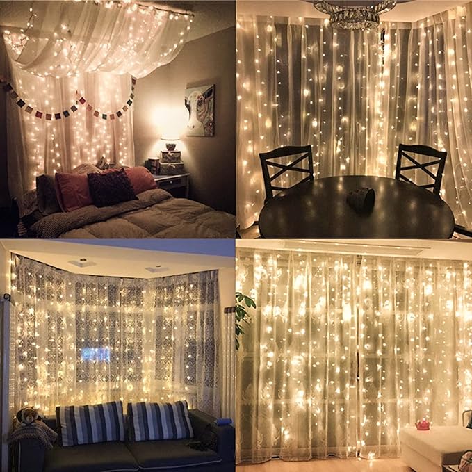 300 LED Curtain String Lights, Twinkle Fairy Lights for Bedroom with 8 Lighting Modes, USB Christmas Lights for Party Home Bedroom Indoor Wall Room Decor (Warm White)