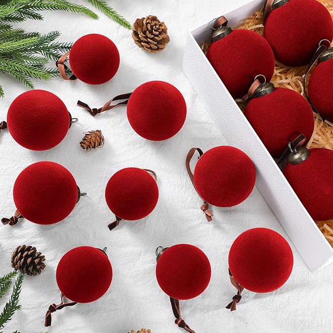 36 Pcs Velvet Christmas Balls Bulk - Flocked Christmas Tree Ball Ornaments Hanging Decoration for Xmas Tree, Wreath, Home or Party Decorations, 2.36", 2.76", 3.15"(Wine Red)