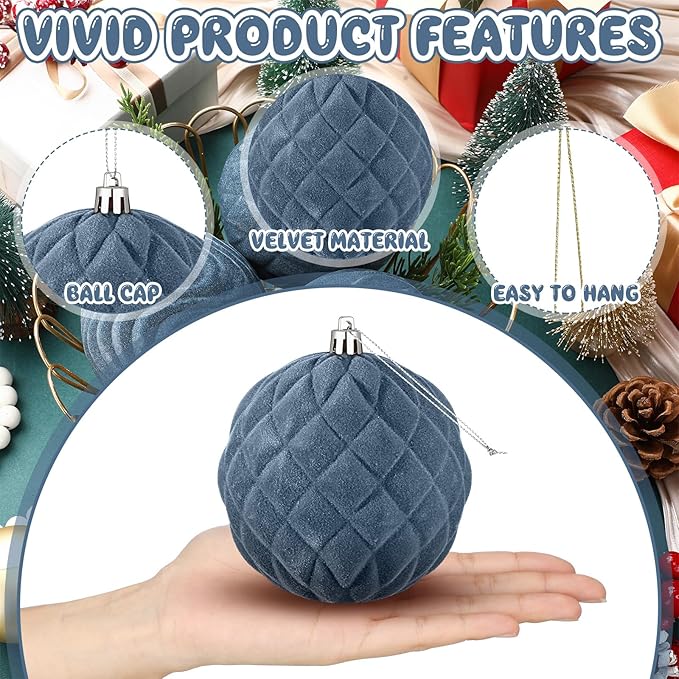 4 Pcs 4 Inch Large Velvet Christmas Ball Ornaments Vintage Christmas Plastic Ball Ornaments Flocked Tree Hanging Decoration for Xmas Party Wedding Home Decor(Grey Blue)