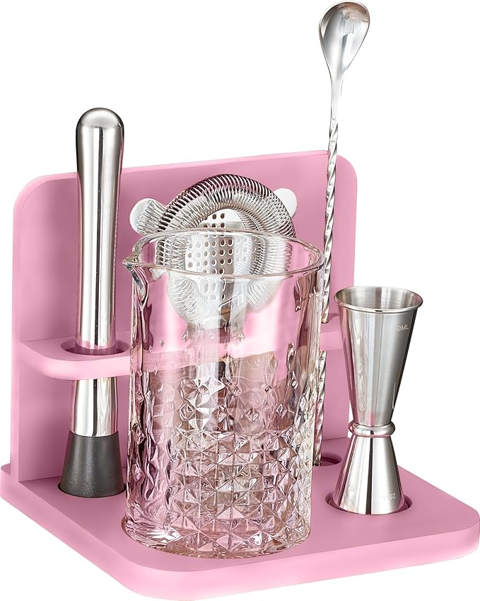 Crystal Cocktail Mixing Glass Set with Bamboo Stand - 22 Oz 650ml - Thick and Sturdy Bottom, Durable and Seamless Design with Bar Accessories, Pink