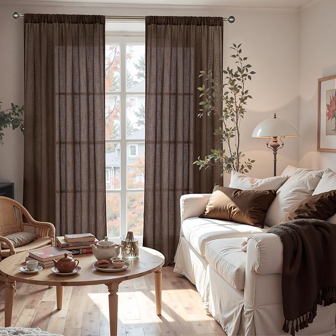 BGment Linen Curtains 90 Inch Length for Living Room, Semi Sheer Brown Long Window Drapes Rustic Textured for Farmhouse Beroom Dining Room Decor Rod Pocket Lightweight, 2 Panels Set, Each 52 Inch Wide