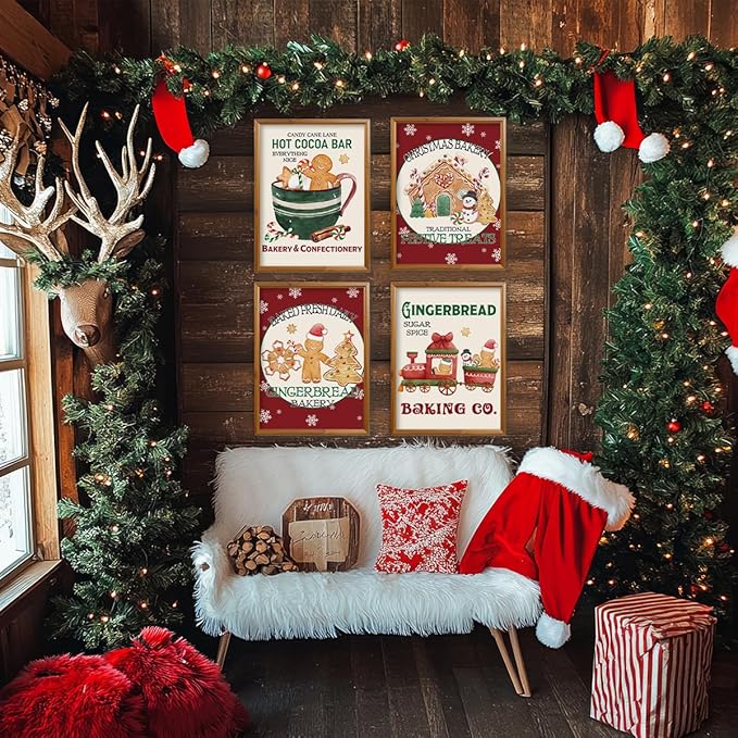 ETVISO Christmas Decor, Gingerbread Christmas Wall Art Prints Set of 4, Winter Holiday Baking Lover Gifts Home Decor, Xmas Bakery Hot Cocoa Porch Wall Decor, 12x16 (Unframed)