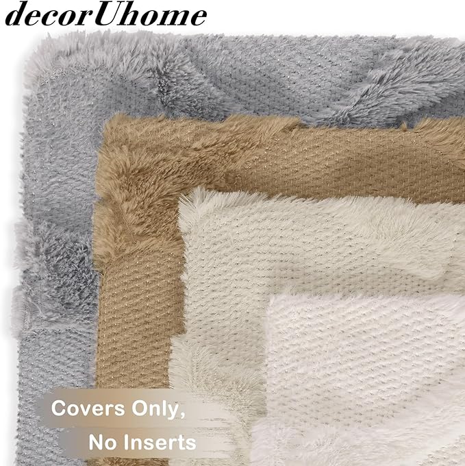 decorUhome Set of 4 Throw Pillow Covers 18x18 Inch, Neutral Decorative Soft Plush Faux Wool Couch Pillow Covers, Farmhouse Pillow Cases for Living Room Bed Sofa (Cream/Khaki)