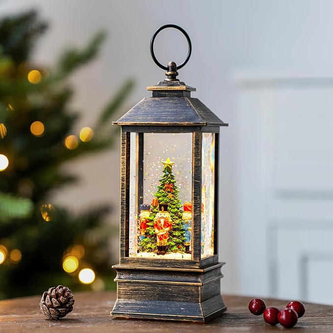10.4" Christmas Snow Globe Water Lantern with Nutcracker Scene Battery Operated or USB Powered Musical Lighted Holiday Decoration for Tabletop Display for Family and Friends