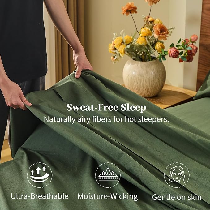 MEISHANG 100% French Pure Linen Sheets Queen Size - Bed Sheets 4 Piece Sets, Soft Durable Flax Linen, Anti-Tear Breathable Oeko-Tex Certified with 16" Deep Pocket (Forest Green)