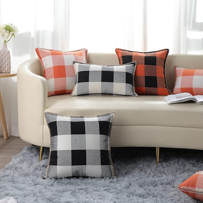 decorUhome Farmhouse Gingham Buffalo Plaid Check Throw Pillow Covers 12x20 Set of 2, Outdoor Fall Lumbar Linen Decorative Pillow Covers with Stitched Edge for Bed Couch Sofa, Orange and Black