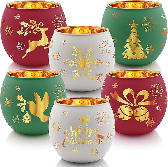 Christmas Votive Candle Holder Set of 6, Red Green White Glass Tealight Holder with 6 Laser Engraving Patterns for Winter Xmas Table Centerpiece Decor