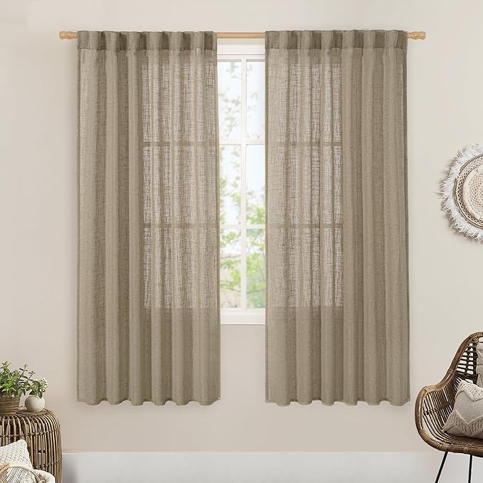 LAMIT Linen Curtains 68 Inch Length 2 Panels, Light Filtering Panels Back Tab and Rod Pocket Neutral Drapes for Bedroom/Window/Living Room, Taupe, 52 x 68 Inch