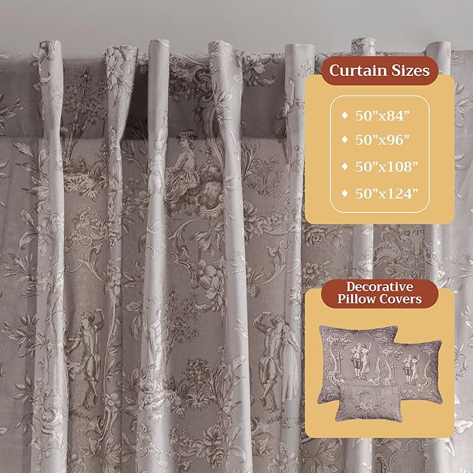 Maison d' Hermine Curtains for Living Room 100% Cotton 96 inch Length One Panel Light Filtering Toile Curtains for Bedroom Windows with Rod and Loop Pockets Drapes (Joli Jouy Beige, 50" W x 96" L)