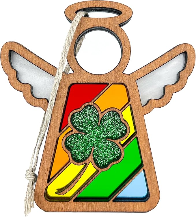 Rainbow Baby Ornament - Lucky Four Leaf Clover Suncatcher - Irish Blessing Decor - Angel Ornaments for Christmas Tree - 3.5" (H)