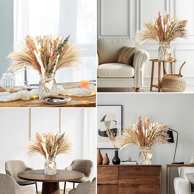 135 Pcs Dried Pampas Grass Decor Dining Table Centerpiece with 2 Pcs 6.3in Vase DIY Boho Decor Natural Dried Pampas Grass for Home Decor Birthday Party Thanksgiving Christmas Weddings Decor