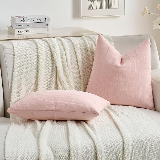 FUTEI Pink Chenille Decorative Throw Pillow Covers 12x20 Inch Set of 2,Soft Embossed Striped Textured Lumbar Pillow Cases,Modern Home Decor for Couch Bed Living Room