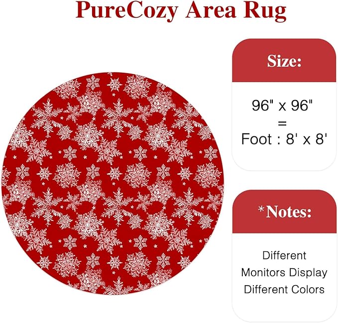 Round Area Rug 8ft Red Christmas Living Room Carpet 8 x 8 mas Large Snowflake Circle Rug Indoor Kitchen Washable Bedroom Carpet Holiday Decor Dining Room Playroom
