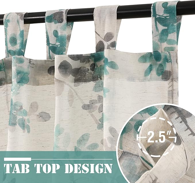 H.VERSAILTEX Linen Sheer Curtains for Living Room Sheer Panels 84 Inches Long Light Filtering Tab Top Window Treatment Drapes for Bedroom, 2 Panels, Vintage Classical Floral Print Turquoise and Taupe