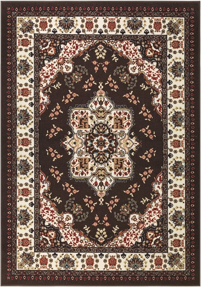 Antep Rugs Alfombras Oriental Traditional 3x5 Non-Skid (Non-Slip) Low Profile Pile Rubber Backing Indoor Area Rugs (Brown, 3' x 5')