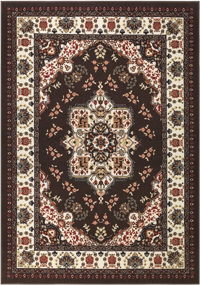 Antep Rugs Alfombras Oriental Traditional 4x6 Non-Skid (Non-Slip) Low Profile Pile Rubber Backing Indoor Area Rugs (Brown, 4' x 5'8")