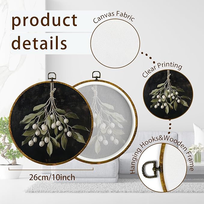 XPH Vintage Moody Christmas Round Wall Art Framed, Dark Academia Mistletoe Circle Wall Decor, Winter Cottagecore Botanical Hanging Canvas Prints for Home Bedroom Living Room Decoration, 10x10 Inch