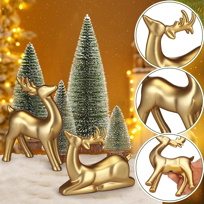 Wesiti 2 Pcs Ceramic Christmas Reindeer Figurines 4 Pcs Mini Christmas Pine Tree Reindeer Decor Deer Statue Sculpture Tabletop Ornaments for Home Mantel Shelves Decor (Gold)