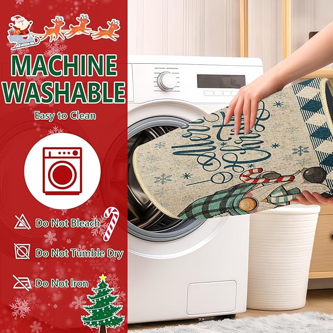 Christmas Snowflake Gnome Kitchen Rugs and Mats Non Skid Washable Set of 2, Winter Snowman Xmas Kitchen Mats for Floor Decor