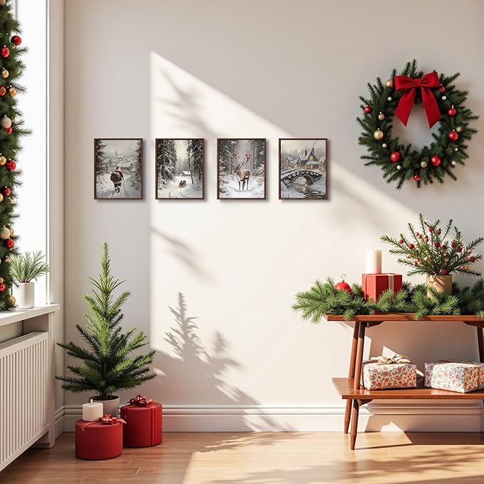 DOFQZ Winter Christmas Wall Art Prints Set of 4, Farmhouse Christmas Decor, Rustic Winter Santa Reindeer Forest Village Landscape Posters for Home Bedroom Living Room Decor, 8x10 Unframed