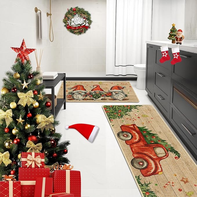 Christmas Truck Gnome Kitchen Rugs and Mats Non Skid Washable Set of 2, Xmas Kitchen Mats for Floor Decor